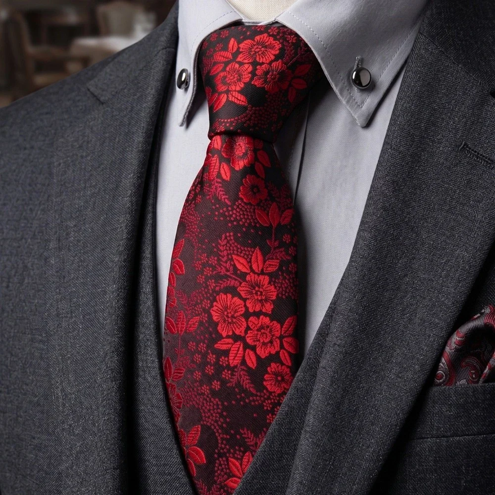 New Red Black Floral Jacquard‎ Woven Tie Formal Victorian Retro Necktie Printed